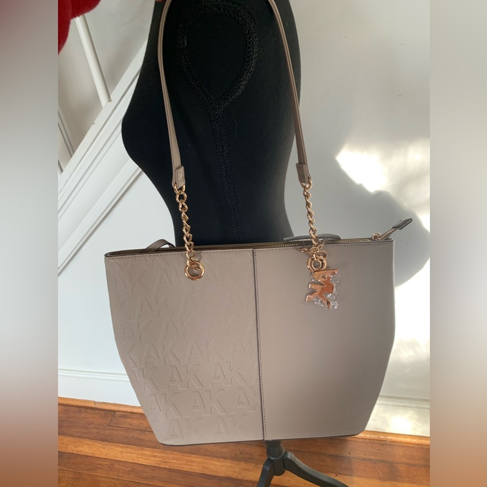 NWT Beige Tote Bag with Gold Accents and Attached Mini Wallet